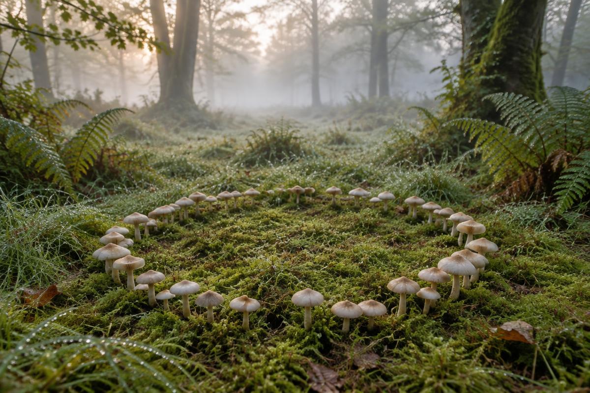 A fairy ring of pale mushrooms growing in a circle on moss in a misty woodland clearing at dawn