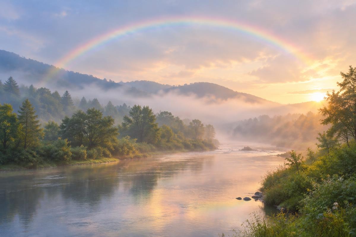 A soft rainbow arcing over a misty river valley at dawn