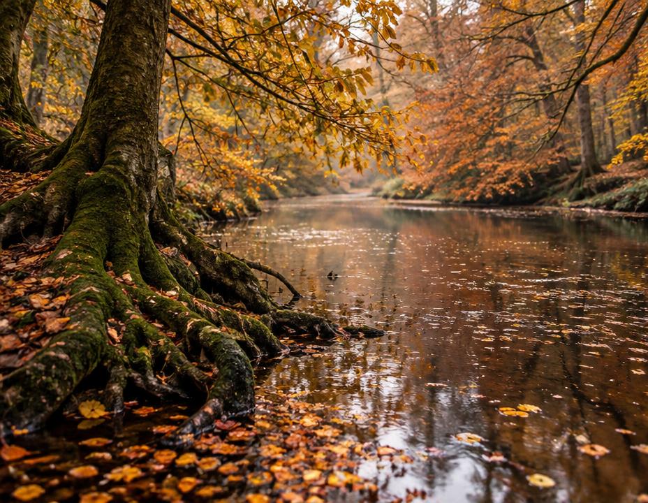 Golden autumn leaves drifting on a quiet river