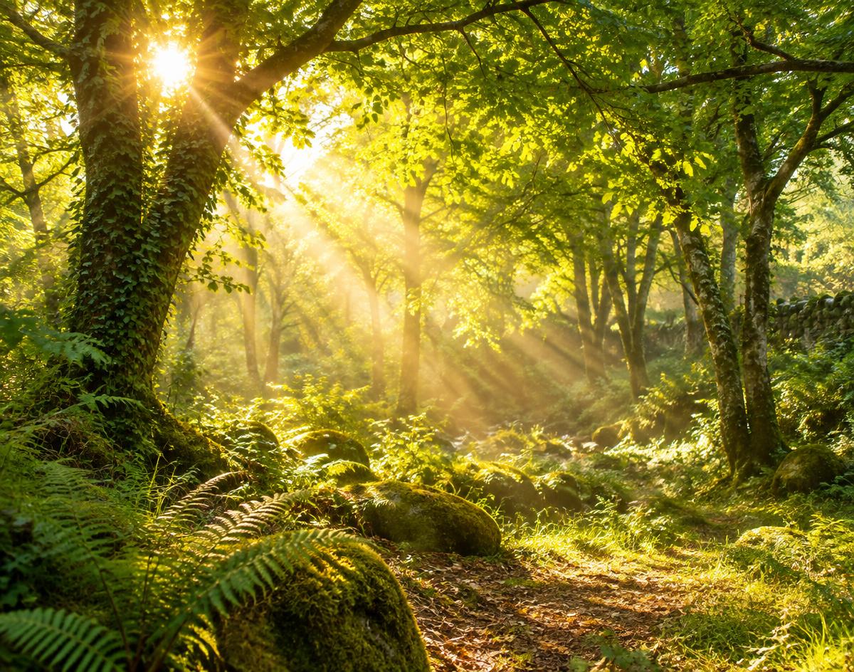Radiant golden summer sun streaming through a lush green woodland canopy